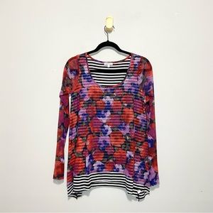 Weston Floral Striped Long Sleeve Mesh Scoop Neck Top